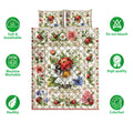 Ladybug floral quilt bedding set shown flat with daisies, garden flowers, and bright red insect artwork