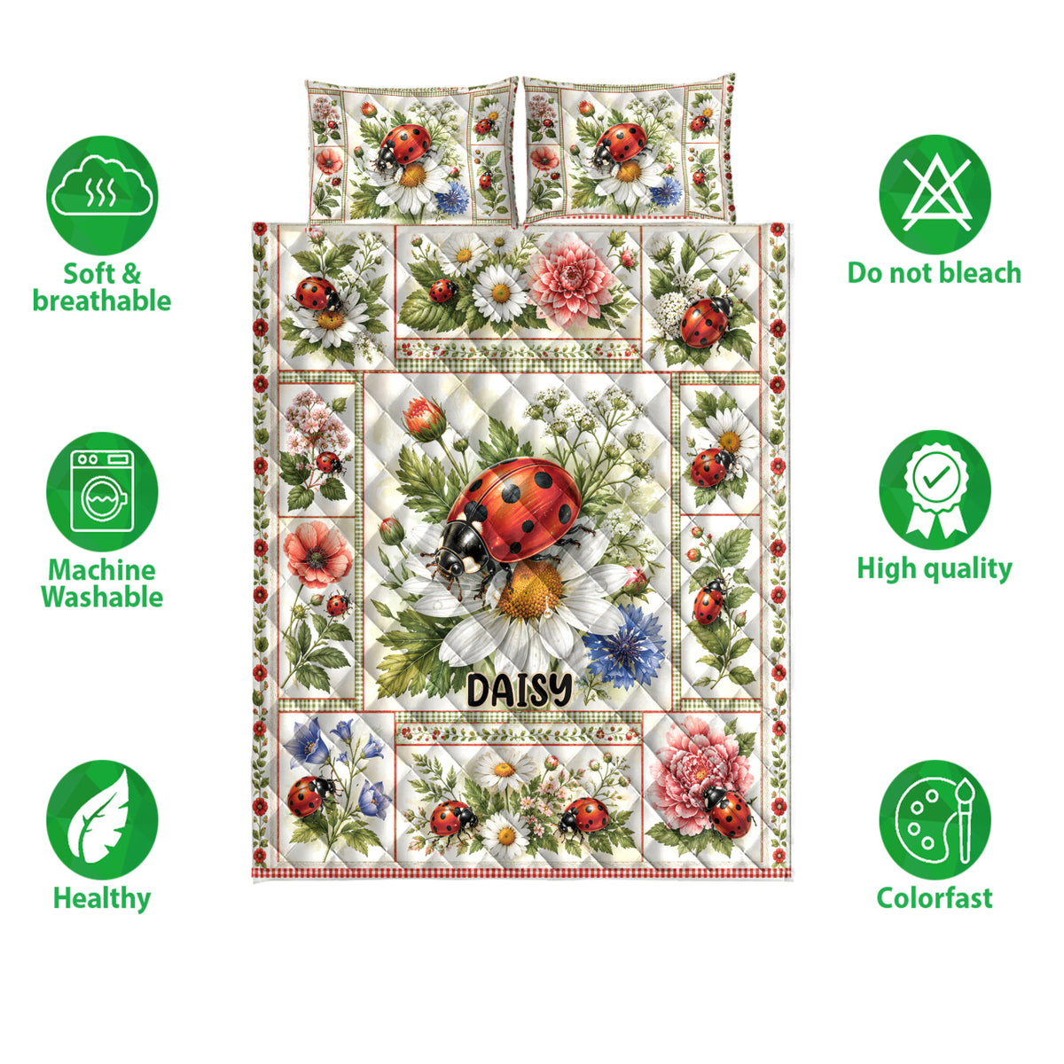 Ladybug floral quilt bedding set shown flat with daisies, garden flowers, and bright red insect artwork