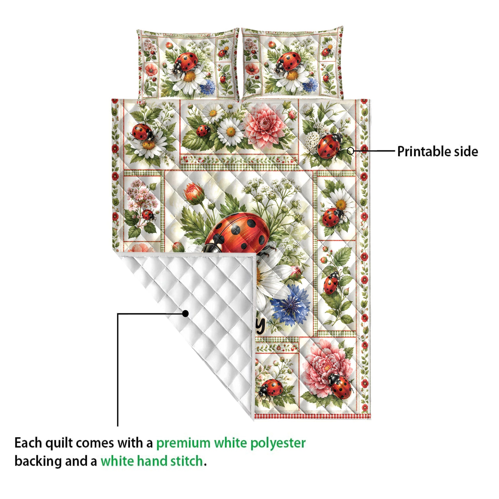Ladybug quilt blanket showing the printed floral front and white diamond-stitched backing