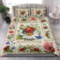 Ladybug flower quilt blanket styled on a bright bedroom bed with botanical decor