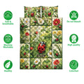 Ladybug floral quilt bedding set shown with soft breathable, washable, and colorfast feature icons