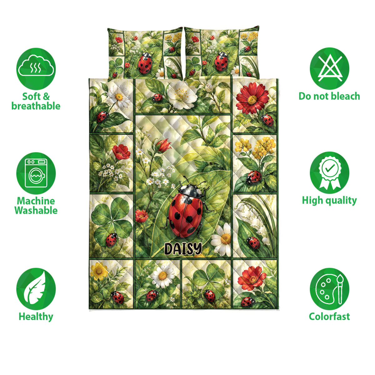 Ladybug floral quilt bedding set shown with soft breathable, washable, and colorfast feature icons