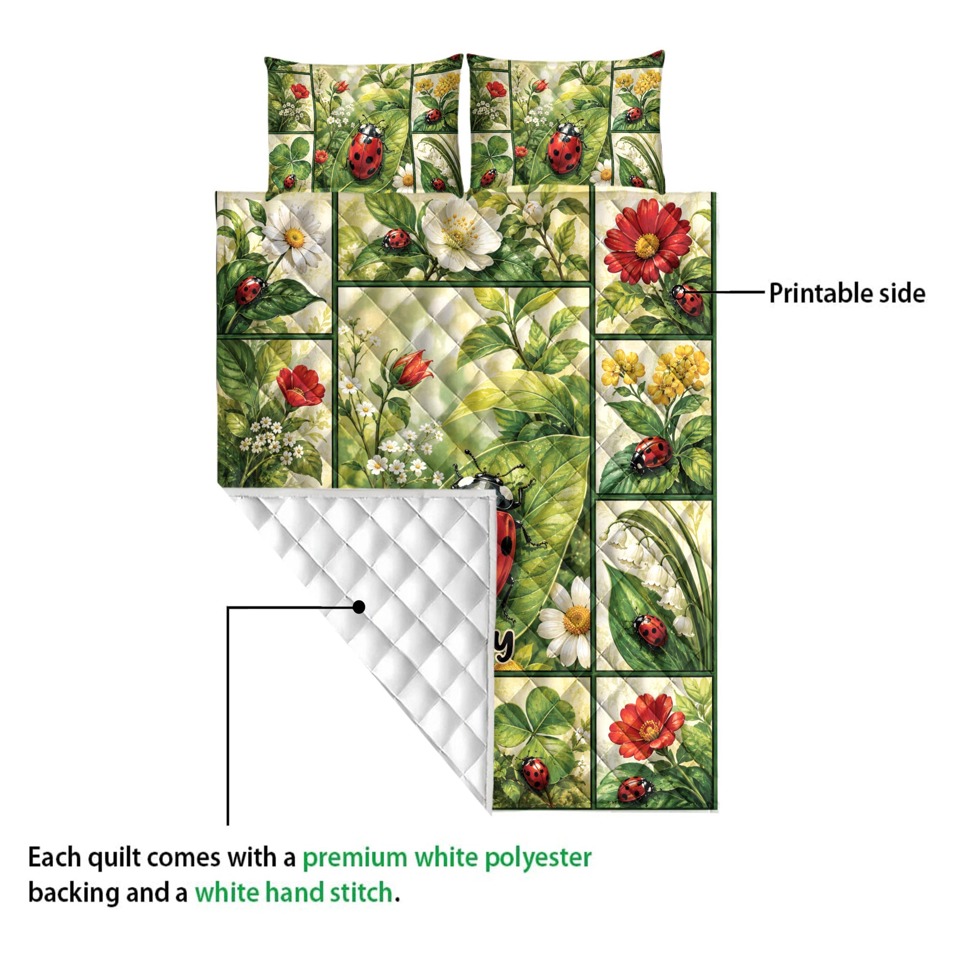 Ladybug quilt blanket detail showing the printed floral front and white diamond-quilted backing