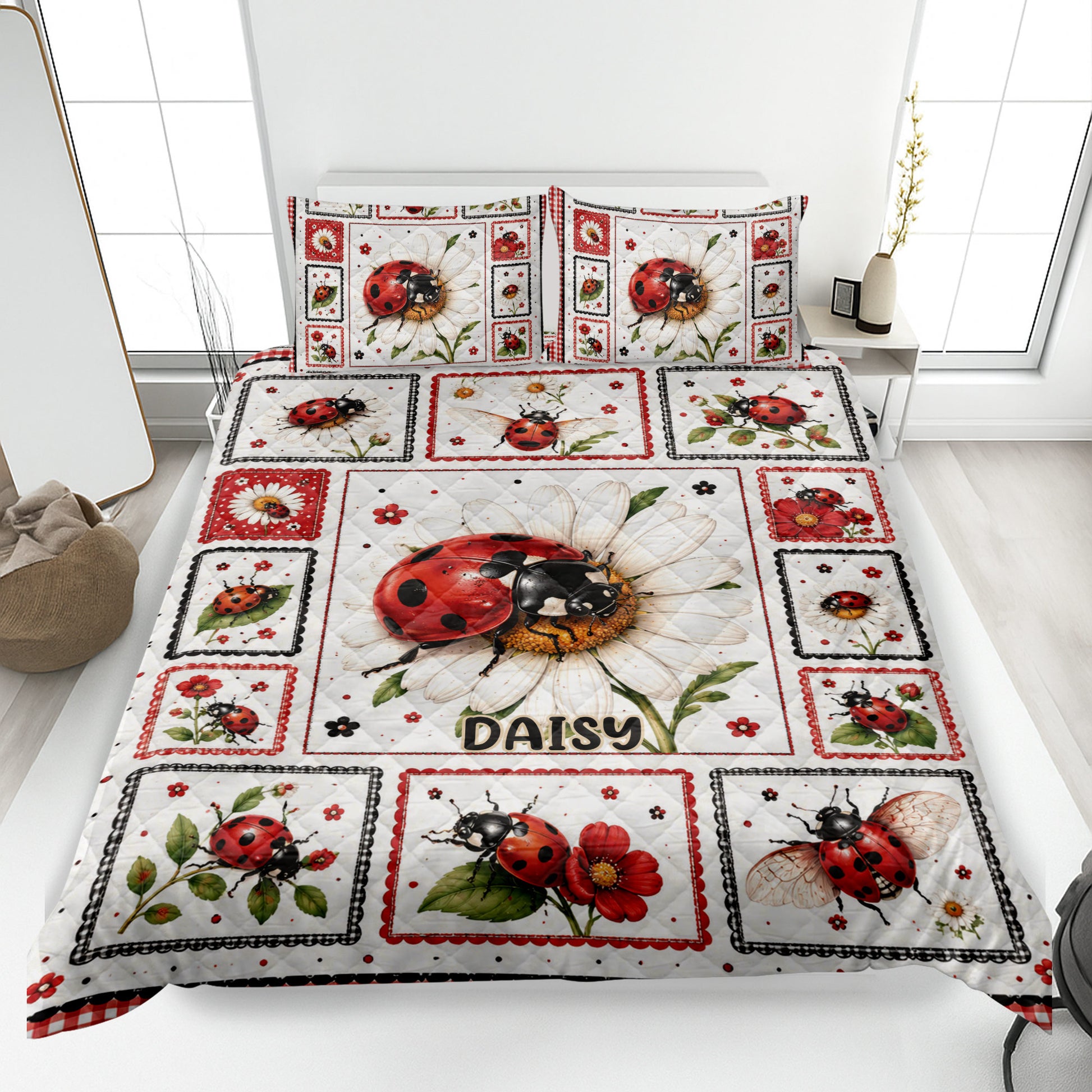 Ladybug quilt blanket displayed on a bed with daisy flowers, red accents, and framed insect artwork