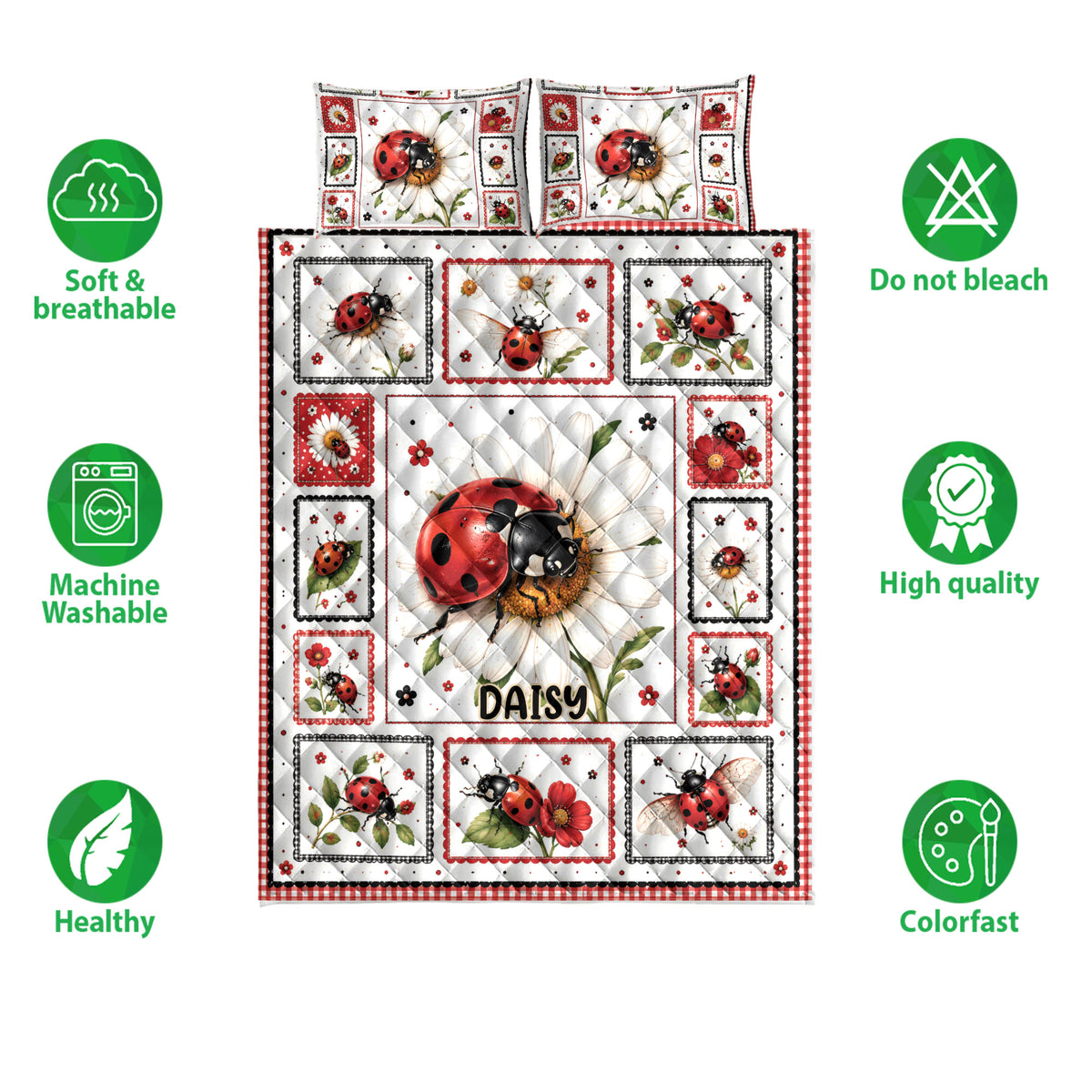 Ladybug quilt bedding set shown with floral insect artwork and care feature icons