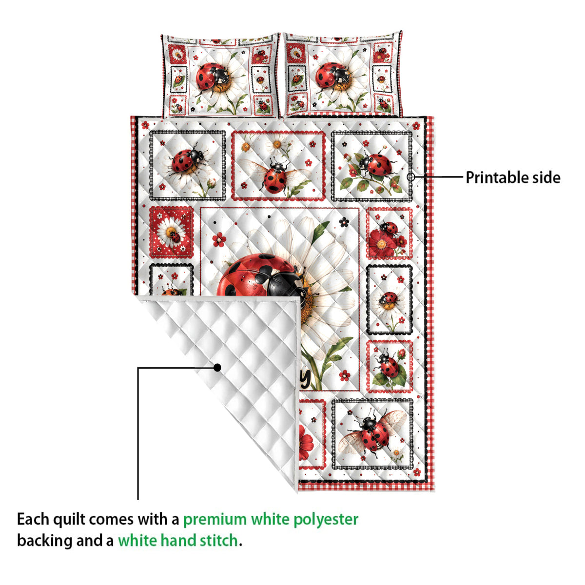Ladybug quilt blanket showing the printed front and white diamond-stitched backing