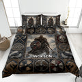 Viking quilt blanket bedding set displayed on a bed with warriors, shields, ravens, wolves, and Norse motifs