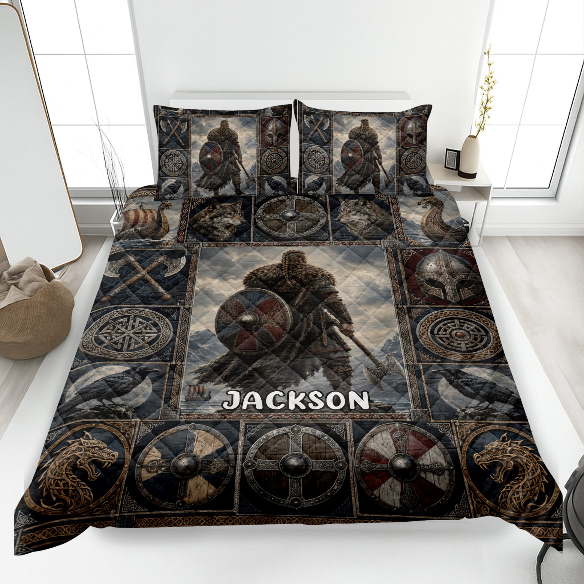 Viking quilt blanket bedding set displayed on a bed with warriors, shields, ravens, wolves, and Norse motifs