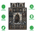 Viking quilt blanket shown with warrior artwork, shields, ravens, wolves, longships, and product feature icons