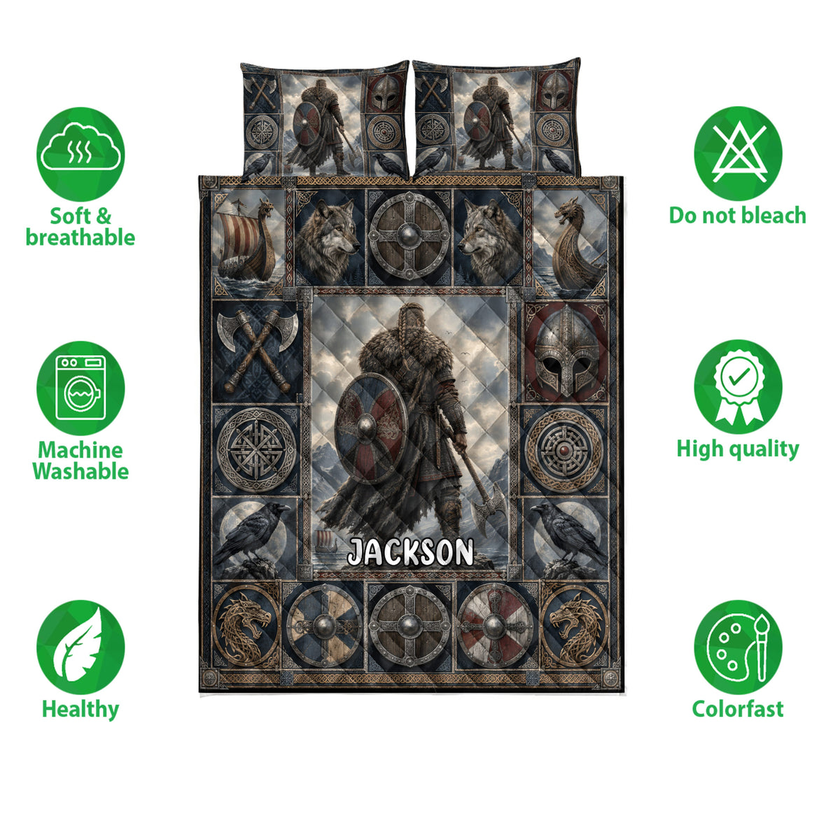 Viking quilt blanket shown with warrior artwork, shields, ravens, wolves, longships, and product feature icons