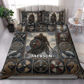 Viking quilt blanket bedding set styled in a bright bedroom with warrior, raven, wolf, and shield artwork