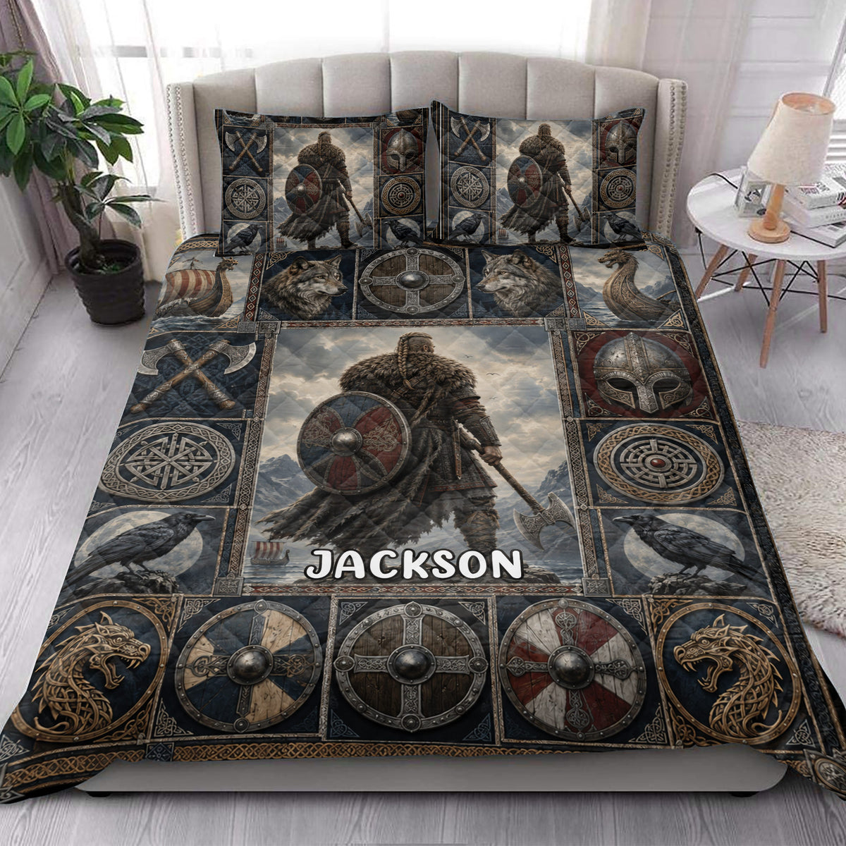 Viking quilt blanket bedding set styled in a bright bedroom with warrior, raven, wolf, and shield artwork