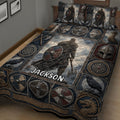 Close view of Viking quilt blanket bedding with Norse warrior, shield, raven, wolf, and dragon artwork