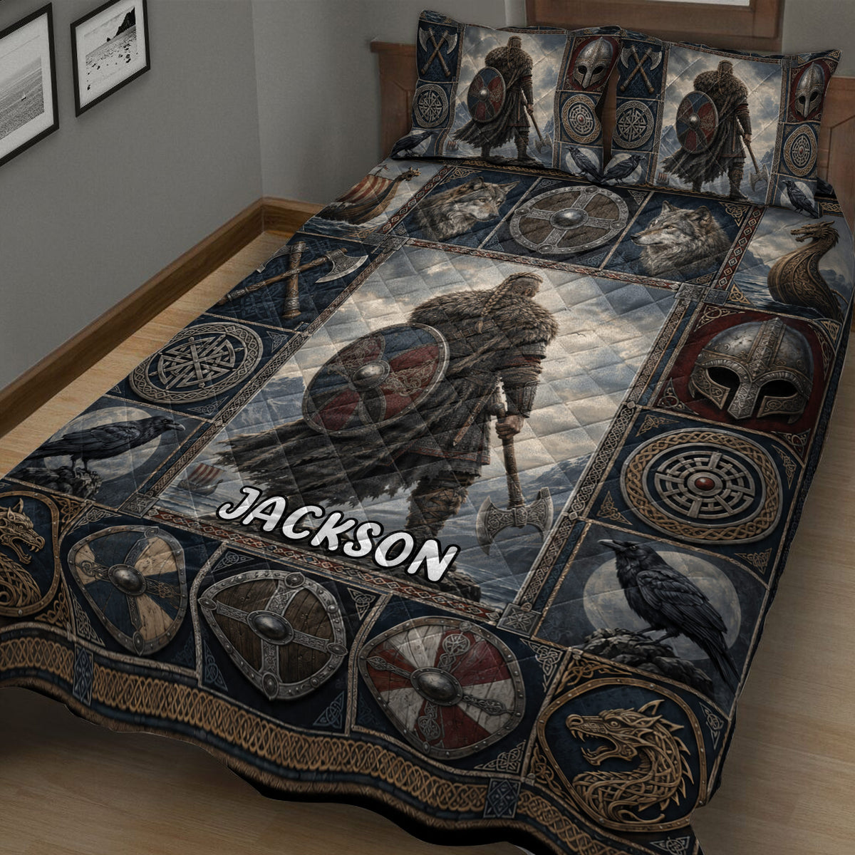 Close view of Viking quilt blanket bedding with Norse warrior, shield, raven, wolf, and dragon artwork