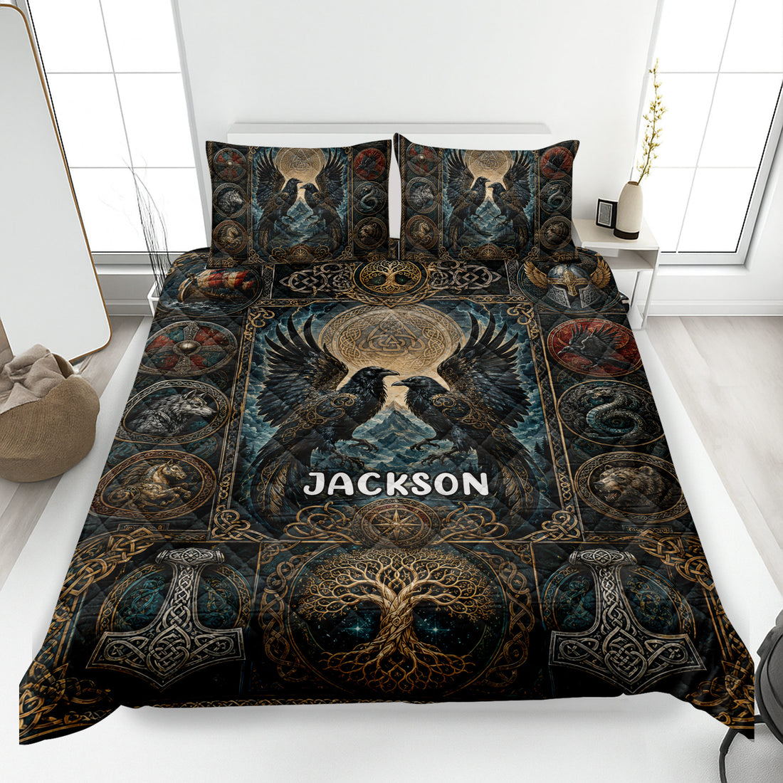 Viking quilt blanket displayed on a bed with ravens, Norse knotwork, shields, animals, and a world tree design