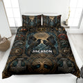 Viking quilt blanket displayed on a bed with ravens, Norse knotwork, shields, animals, and a world tree design