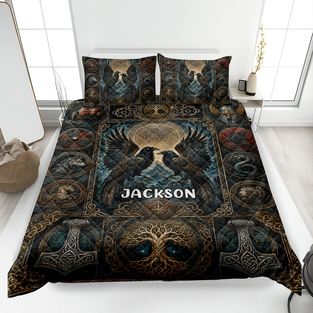 Viking quilt blanket displayed on a bed with ravens, Norse knotwork, shields, animals, and a world tree design