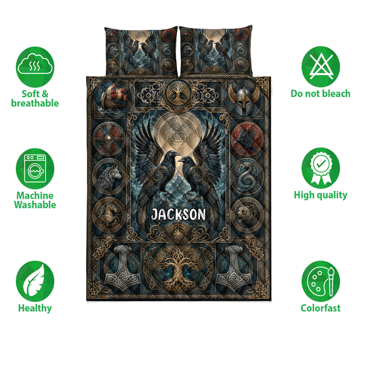 Viking quilt bedding set shown with raven artwork, Norse symbols, longship imagery, and breathable quilt features