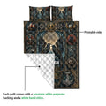 Viking quilt blanket detail showing the printed front, white quilted backing, ravens, longship, and Norse artwork