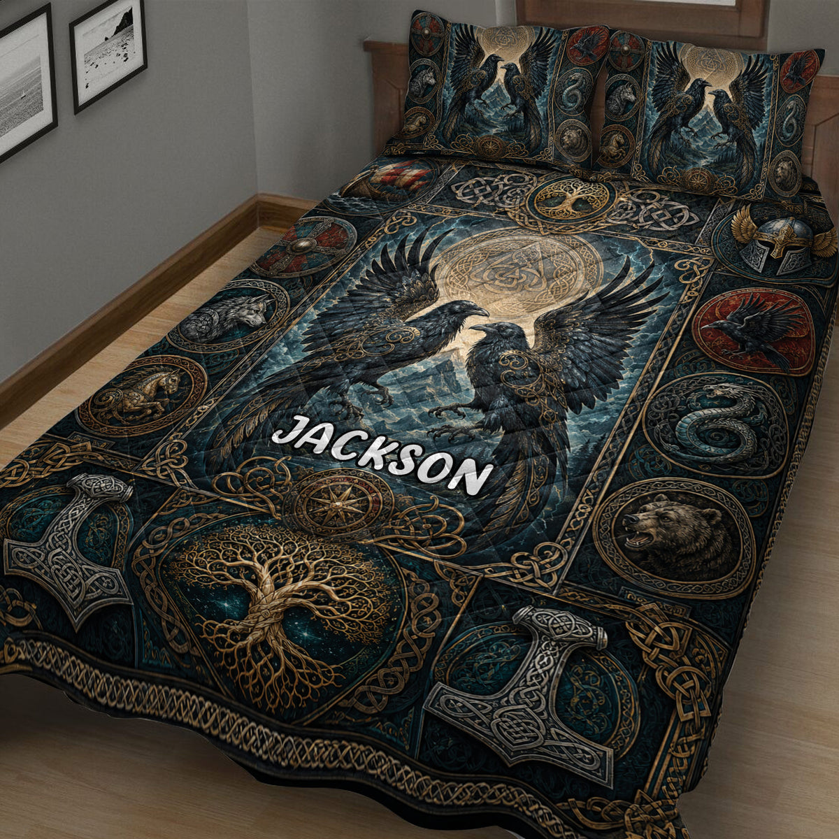 Viking bedding set shown in a bedroom with two raven pillows, longship imagery, Norse knotwork, and dark teal artwork