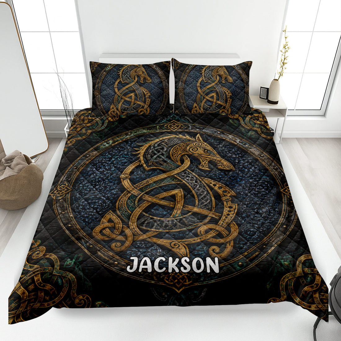 Viking quilt blanket in a bedroom with dark blue and gold Norse dragon artwork