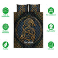 Viking quilt bedding set featuring an ornate Norse dragon design in black, blue, and gold