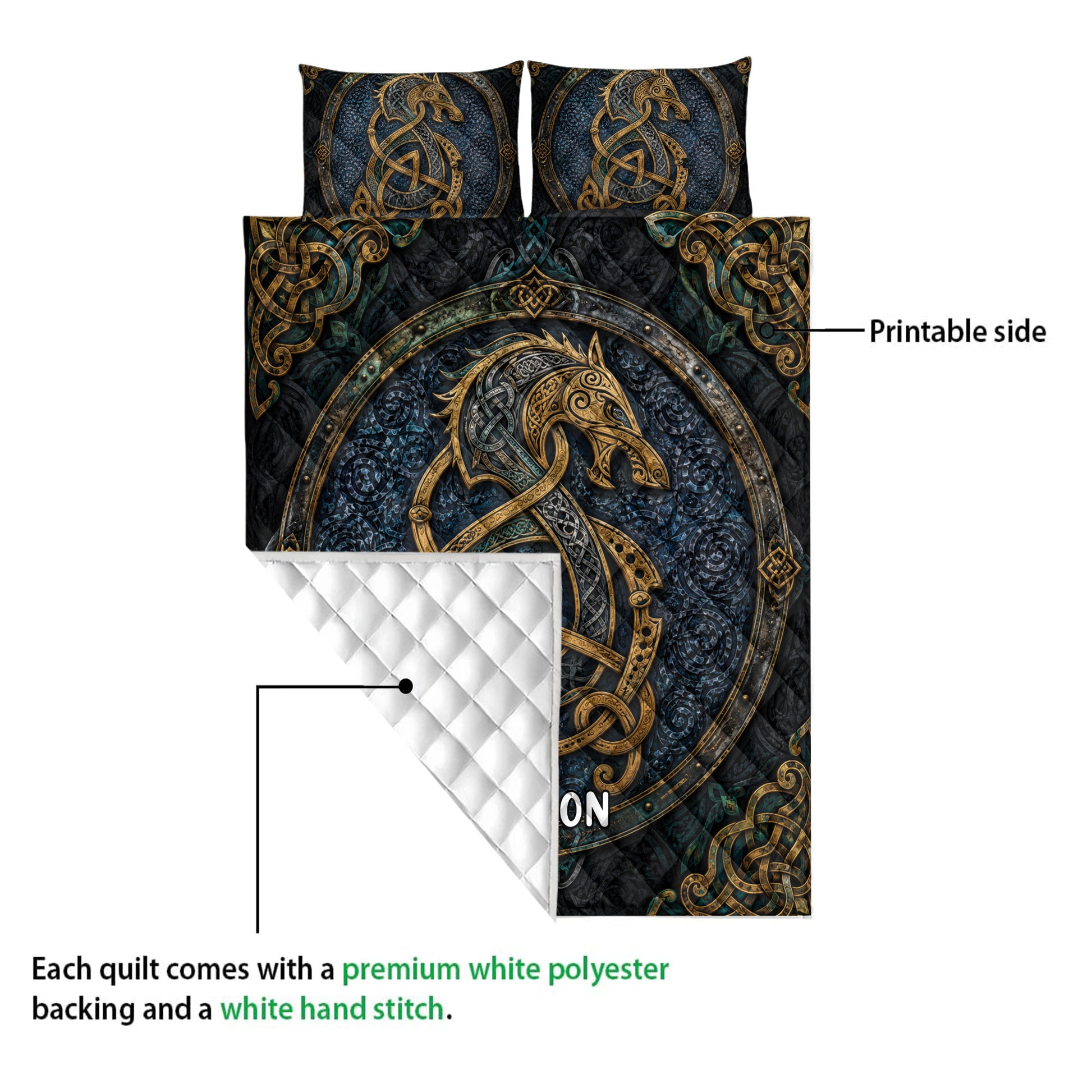 Close view of Viking quilt construction showing the printed Norse dragon side and quilted backing