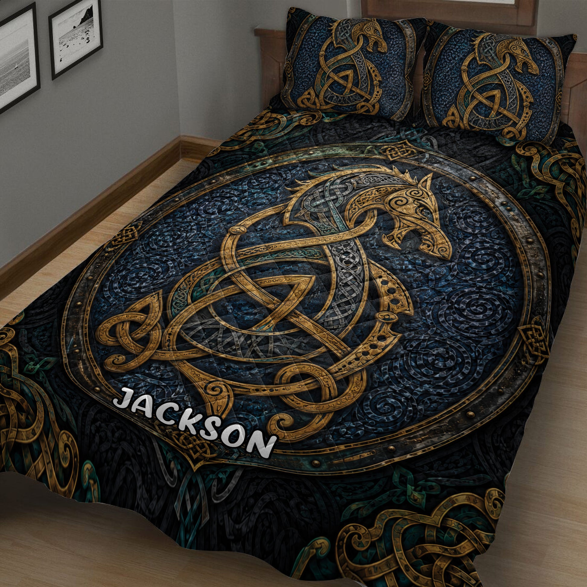 Close-up Viking bedding with intricate gold knotwork, Norse dragon artwork, and deep blue details