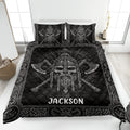 Viking quilt blanket bedding set displayed on a bed with black and white Norse warrior artwork