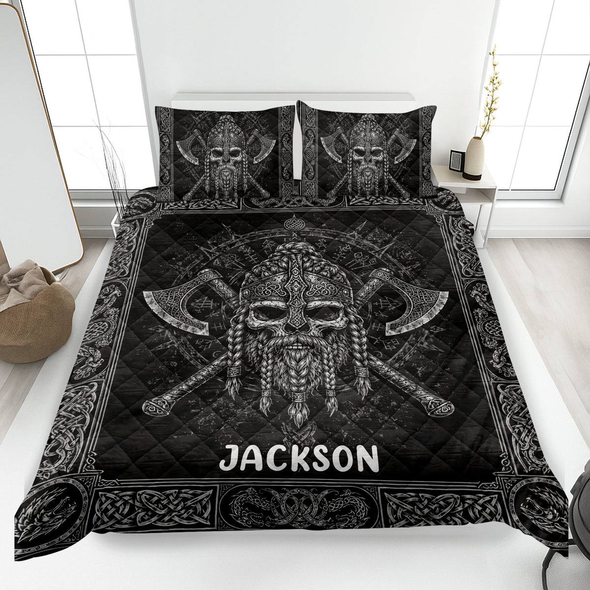 Viking quilt blanket bedding set displayed on a bed with black and white Norse warrior artwork