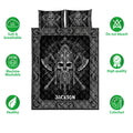 Viking quilt bedding set with Norse warrior artwork shown alongside product feature icons