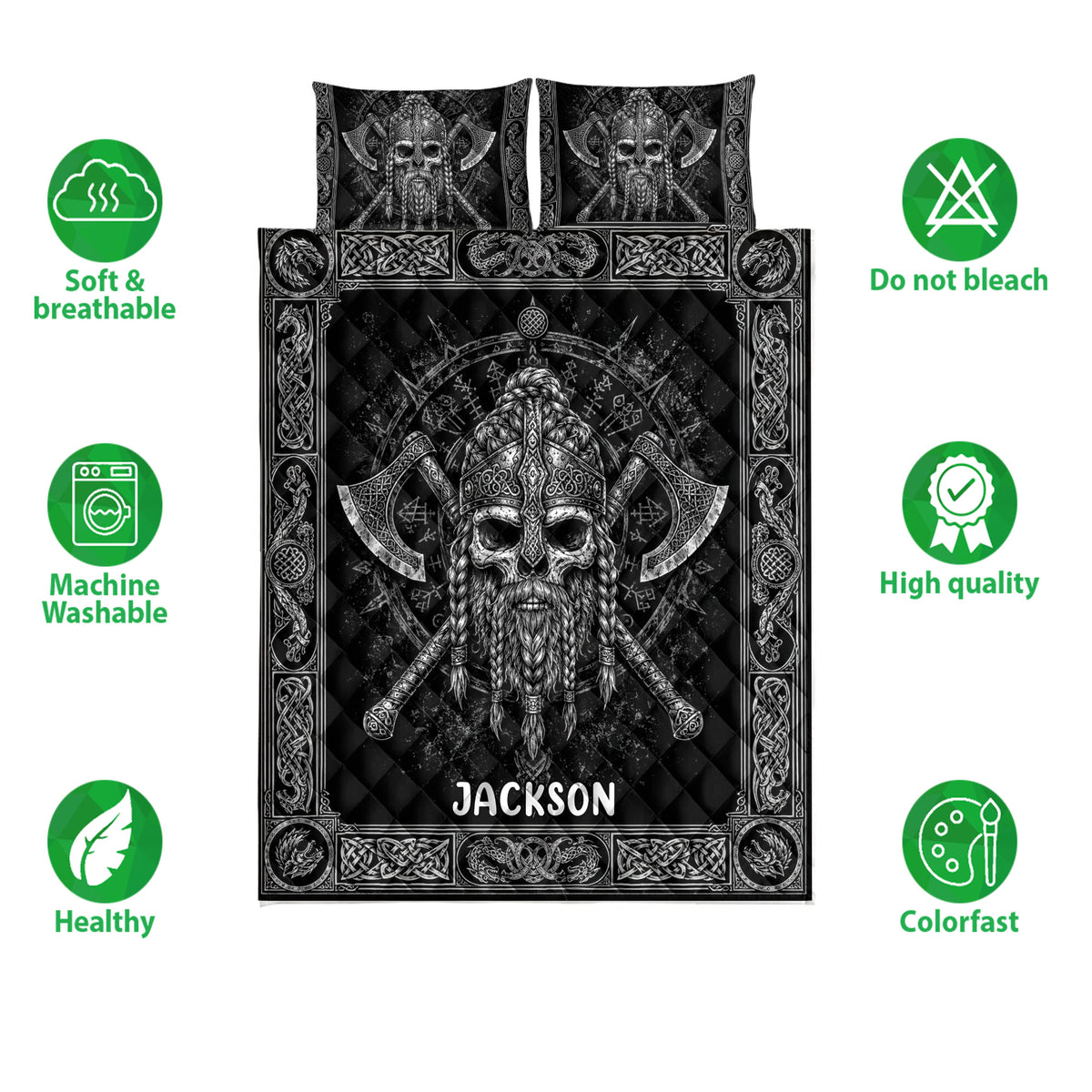 Viking quilt bedding set with Norse warrior artwork shown alongside product feature icons