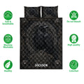 Viking raven quilt bedding set shown front-facing with dark Norse artwork and decorative shield motifs