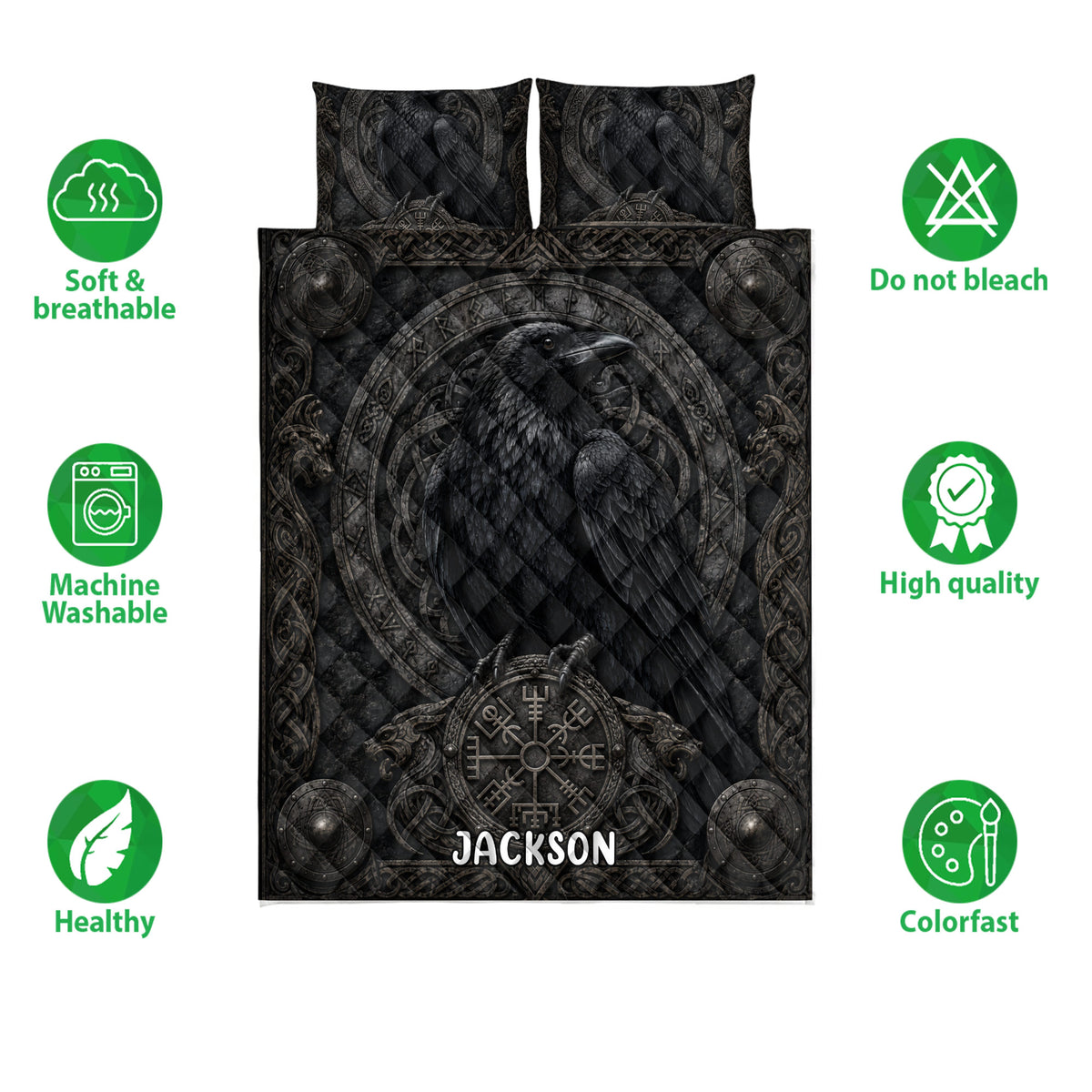Viking raven quilt bedding set shown front-facing with dark Norse artwork and decorative shield motifs