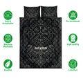 Viking quilt bedding set shown with Norse artwork, soft breathable design, and machine-washable feature icons