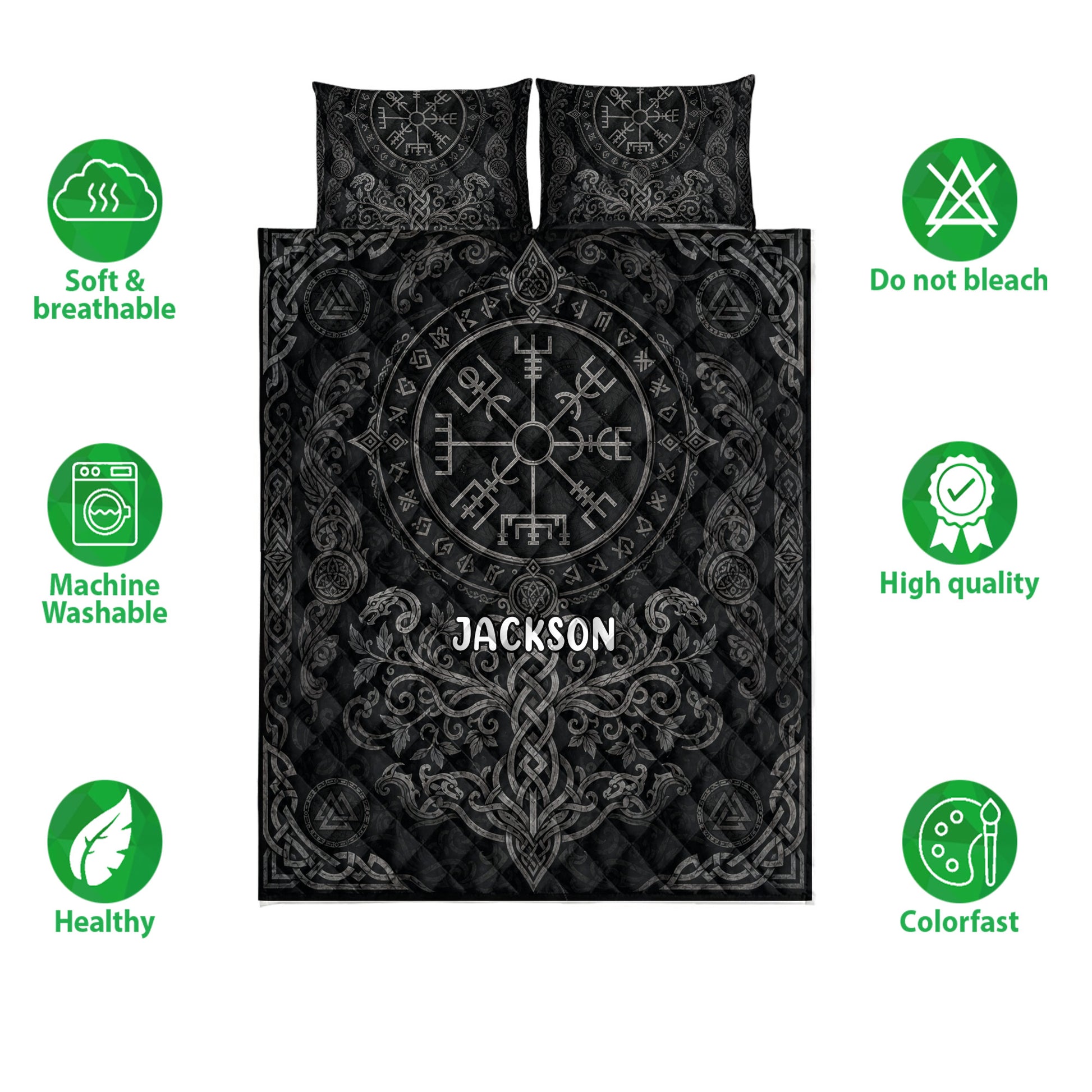 Viking quilt bedding set shown with Norse artwork, soft breathable design, and machine-washable feature icons