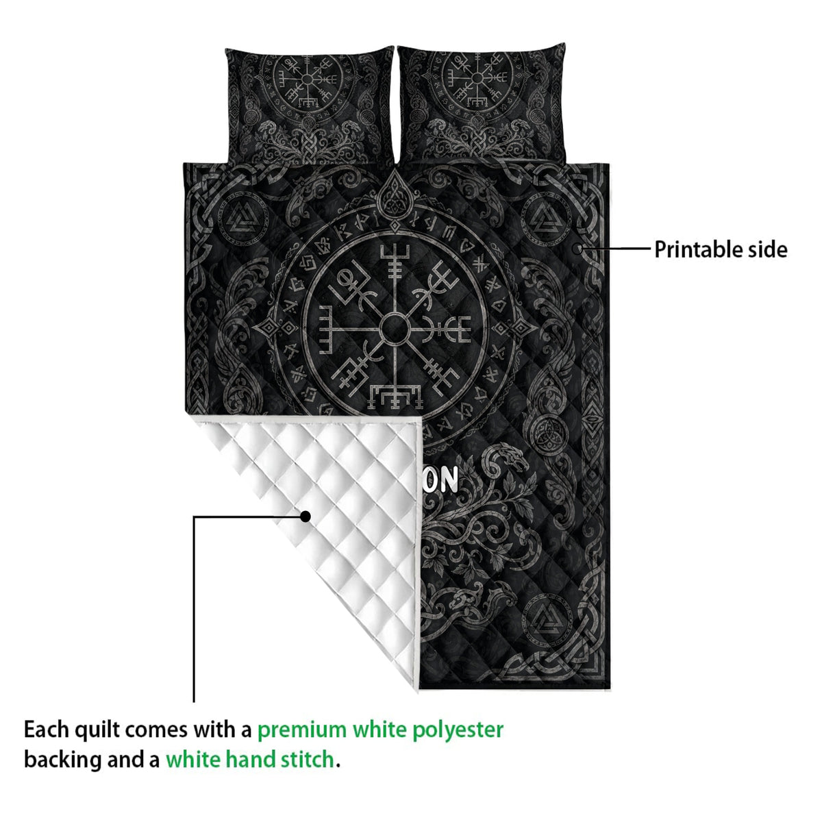 Viking quilt blanket close-up showing the printed Norse design, white quilted backing, and decorative knotwork
