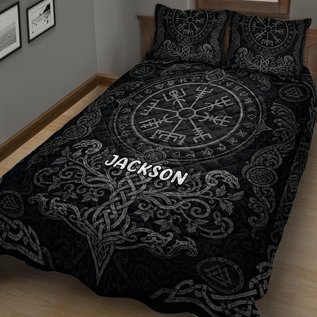 Viking quilt blanket presented on a wood-framed bed with dark Norse compass artwork, runes, and dragon motifs