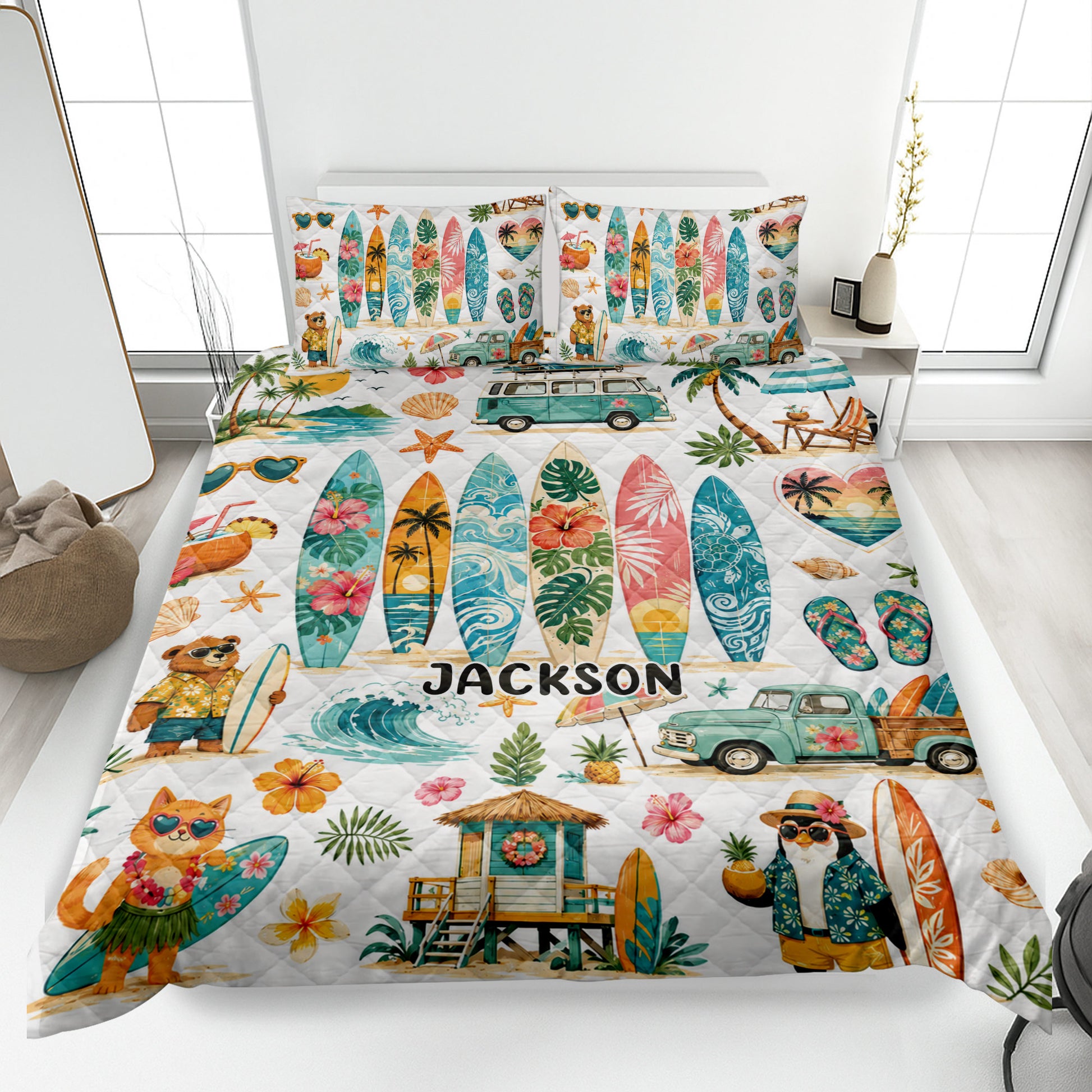 Surfing quilt blanket displayed on a bed with colorful surfboards, tropical beach scenes, waves, and island artwork