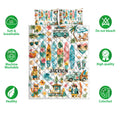 Surfing quilt bedding set shown with tropical surf artwork and surrounding product feature icons