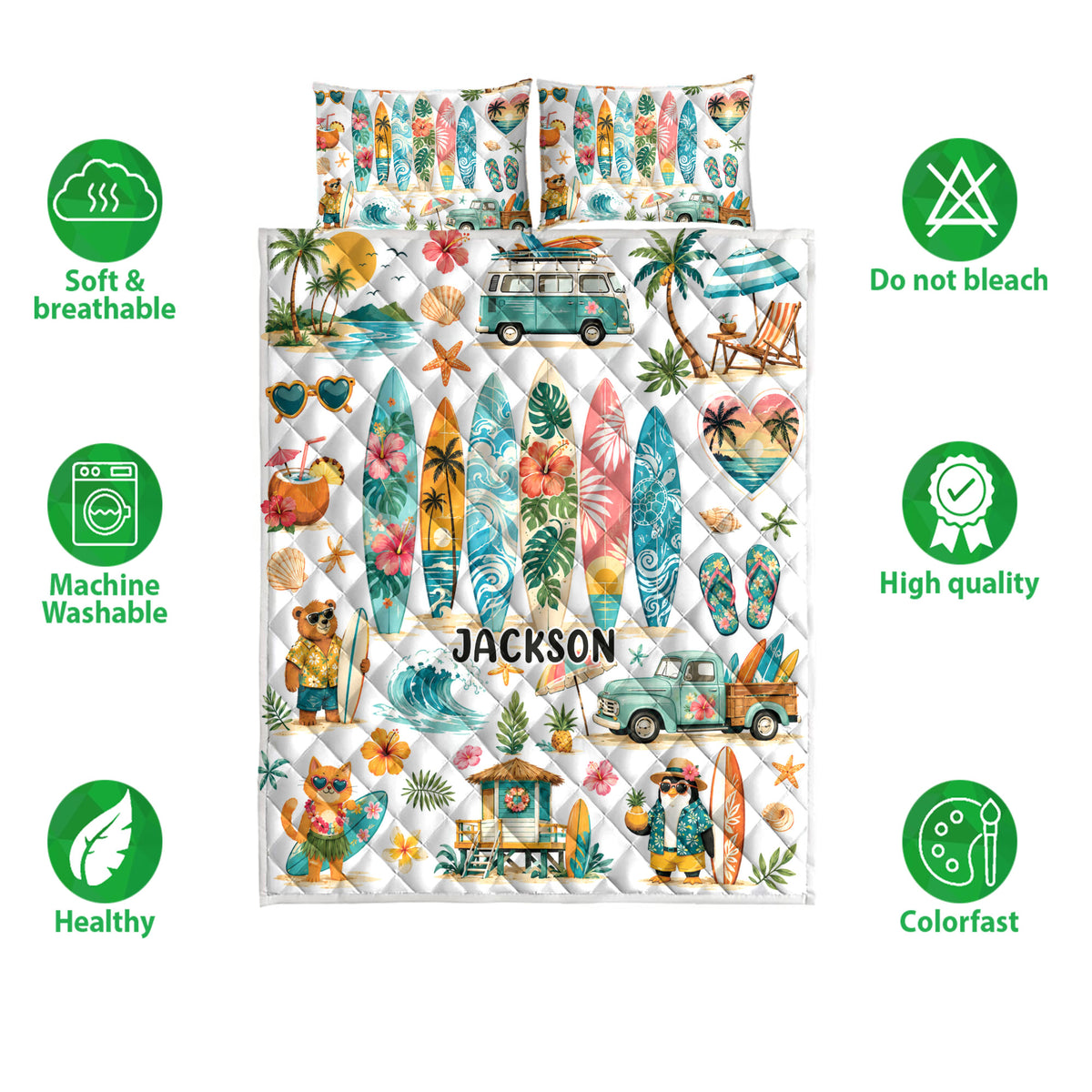 Surfing quilt bedding set shown with tropical surf artwork and surrounding product feature icons