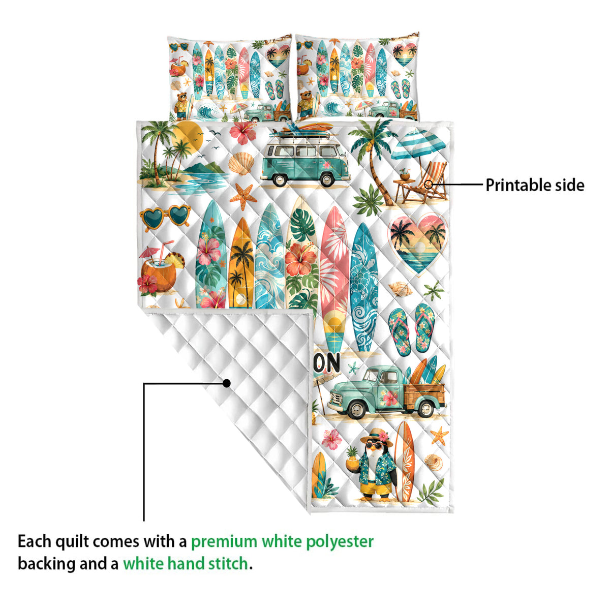 Surfing quilt blanket detail showing printed surfboards, beach chairs, waves, palms, and tropical travel artwork