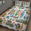 Surfing quilt bedding displayed in a bedroom with retro surfboards, tropical flowers, waves, and beach vehicle artwork