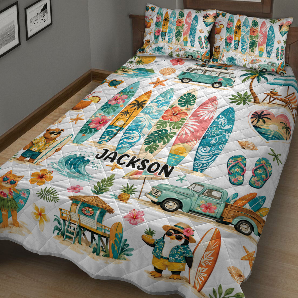 Surfing quilt bedding displayed in a bedroom with retro surfboards, tropical flowers, waves, and beach vehicle artwork