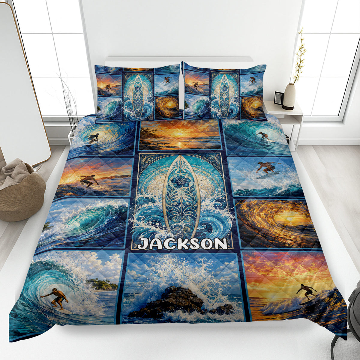 Surfing quilt blanket displayed on a bed with surfers, ocean waves, sunset scenes, and surfboard artwork