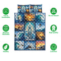 Surfing quilt bedding set shown with ocean artwork and feature icons around the colorful wave design