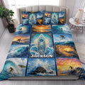 Surfing quilt bedding set styled in a bright bedroom with wave scenes, surfers, and a decorative surfboard