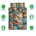 Surfing quilt bedding set shown with tropical ocean artwork, surfboards, beach waves, and illustrated product features