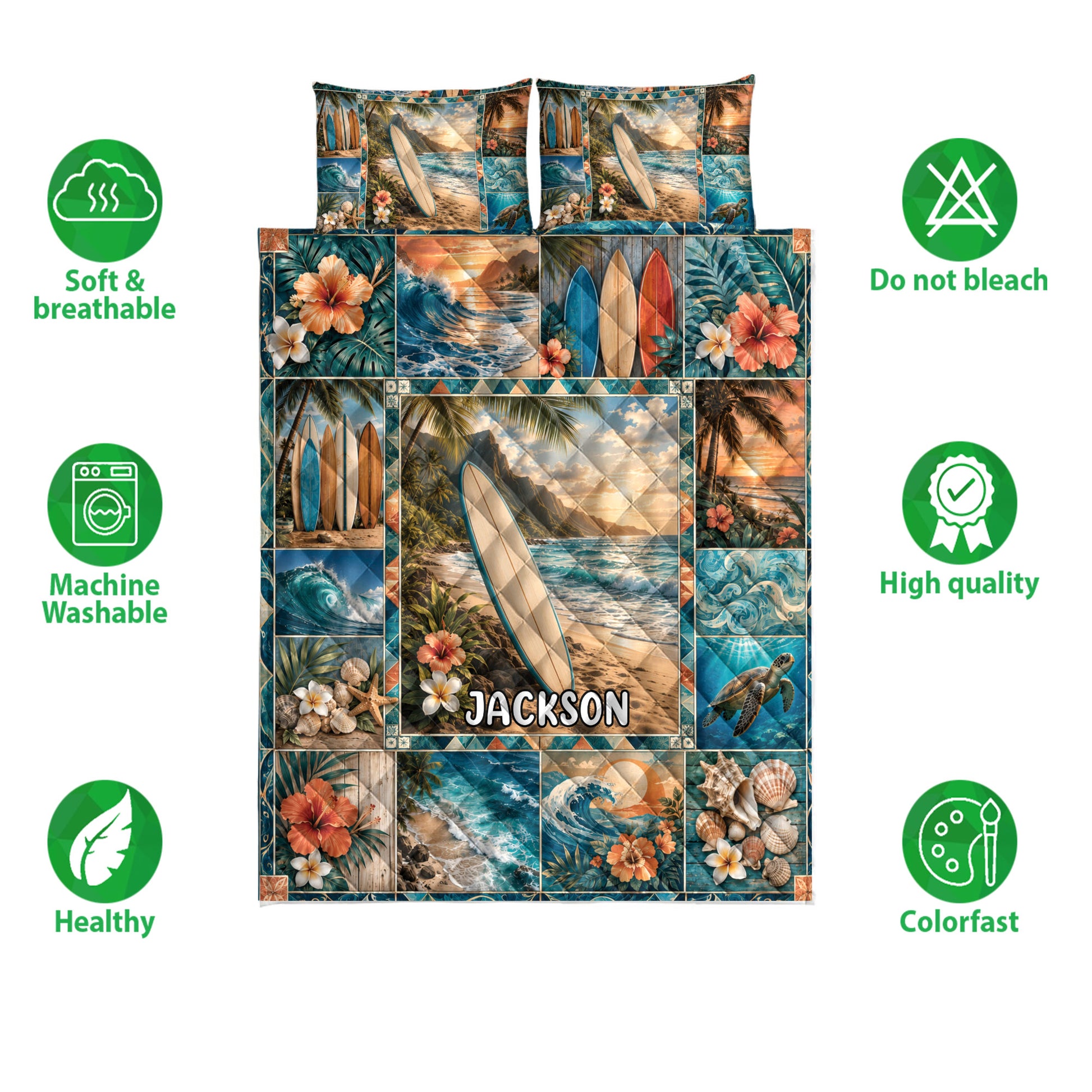 Surfing quilt bedding set shown with tropical ocean artwork, surfboards, beach waves, and illustrated product features