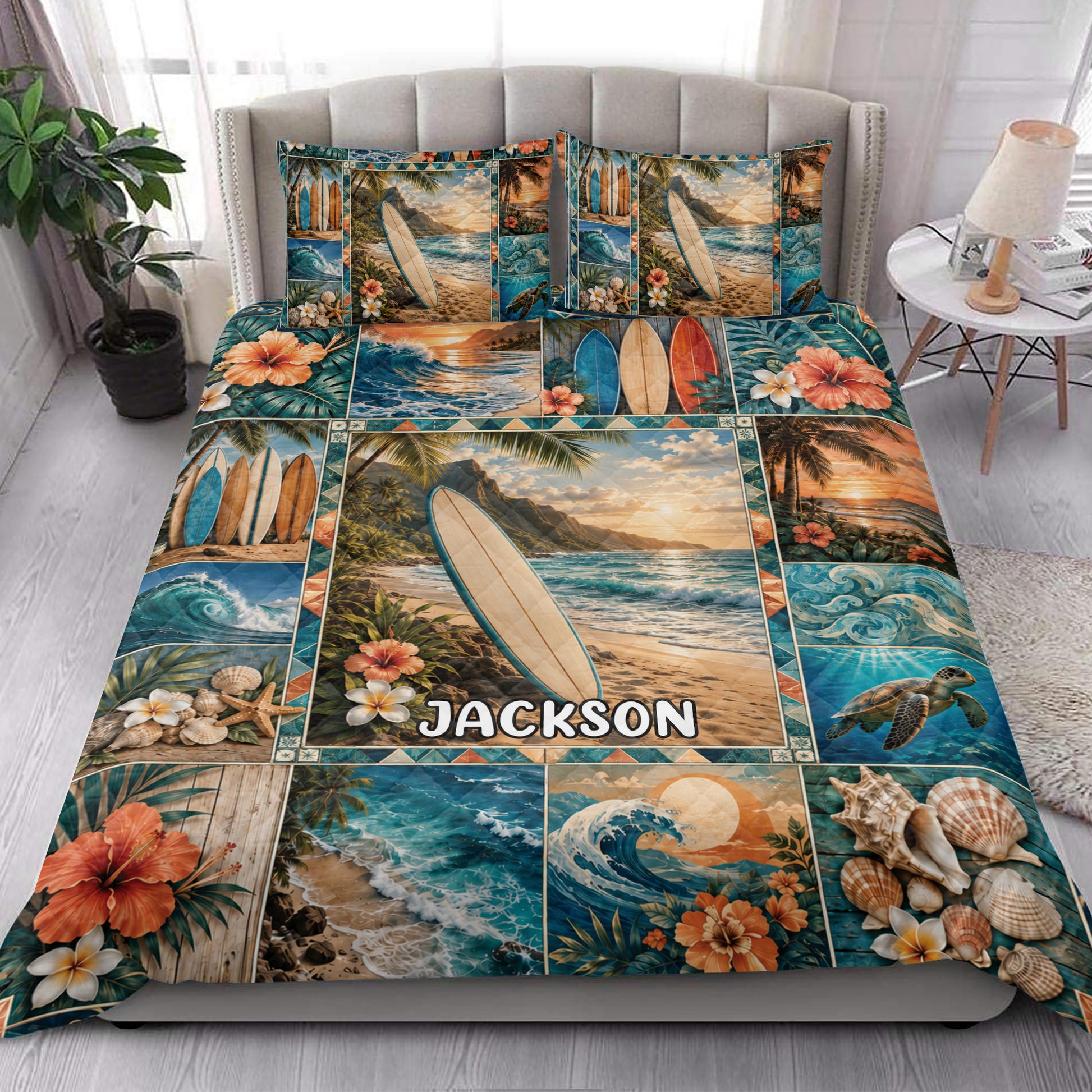 Tropical surfing quilt blanket styled on a bed with surfboards, ocean waves, palm trees, and colorful beach artwork